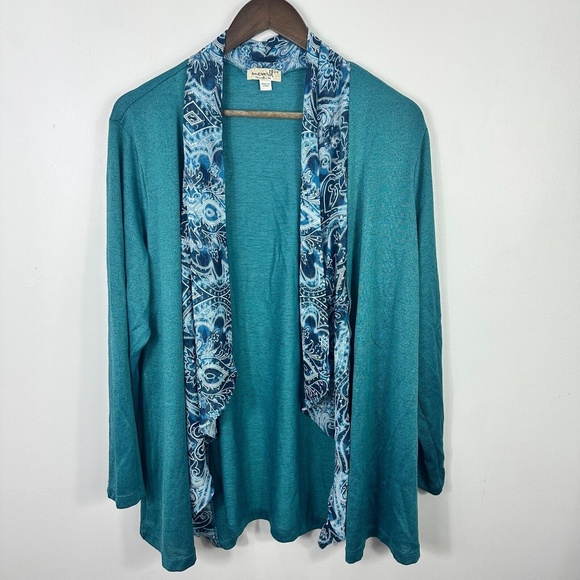 OneWorld Cardigan Women 2X Blue Paisley Trim Boho Open Front Long‎ Sleeve Artsy - Picture 1 of 7